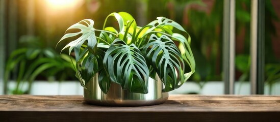 Obraz premium Botanical Oasis Monstera leaves thrive in a pot, gracing a wooden table in the garden's lush greenery
