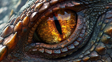 Detailed view of a dragon's eye, with a landscape reflection, an AI generative creation.