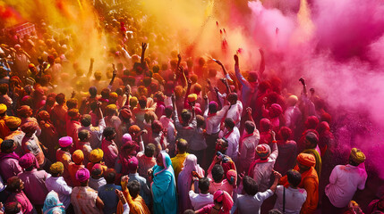 A vibrant celebration of Holi with colorful powder in the air and a crowd enjoying the festival is AI Generative.
