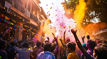 Stoff pro Meter A colorful Holi festival in full swing, captured in a moment of joy, enhanced by AI generative technology. © sorapop