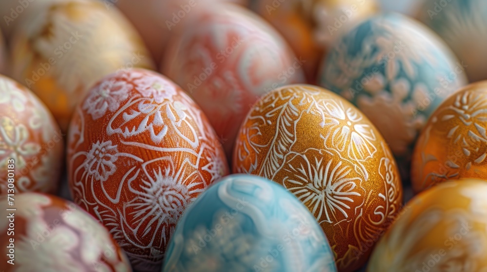 Poster a close up view of many different colored eggs. perfect for easter or spring-themed designs