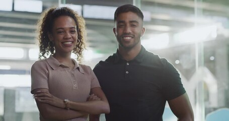 Face, team and happy employees together at animal shelter with arms crossed in confidence. Smile, portrait of workers and man, woman and collaboration in cooperation at job in workplace with flare