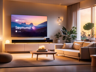 The living room bathed in soft evening light, a cosy setting, a smart TV with a voice command logo on-screen design, a soundbar beneath, IoT devices seamlessly integrated, and warm ambient lighting