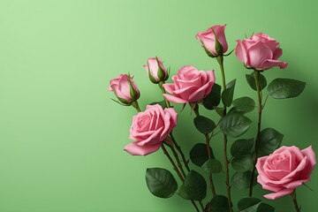 Pink roses on a green background with copy space for your text
