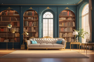 Luxurious bookshelf background design. art home library design.