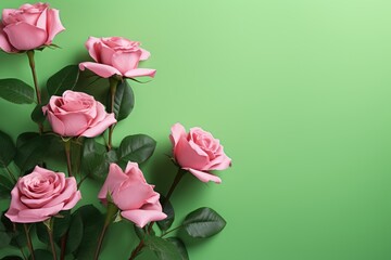 Pink roses on a green background with copy space for your text