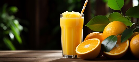 Freshly squeezed orange juice in a glass with ripe oranges and ample space for text or logo design