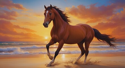 The Elegant Brown Horse on a Coastal Horizon, Sundown Majesty, Animal wallpapers