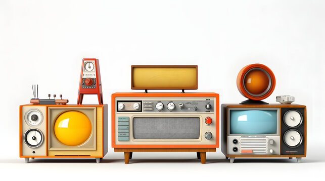 Retro TV radio tape recorder and loudspeakers. Old