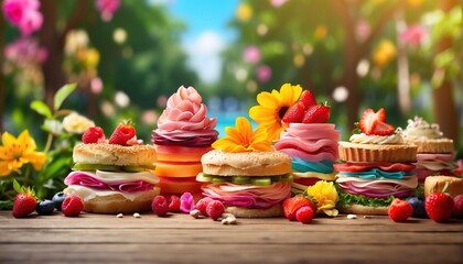 Colorful different food decoration with soft focus light and bokeh background - obrazy, fototapety, plakaty
