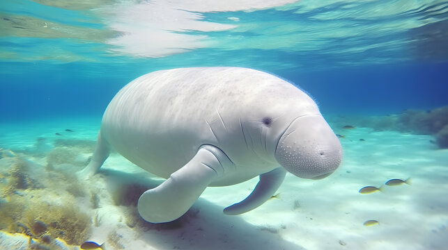 Sea Cow Dugong Red Sea Egypt. Slow Motion. Underwater