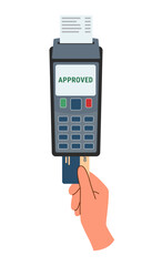 Payment terminal and hand with credit card. Contactless payment concept.	