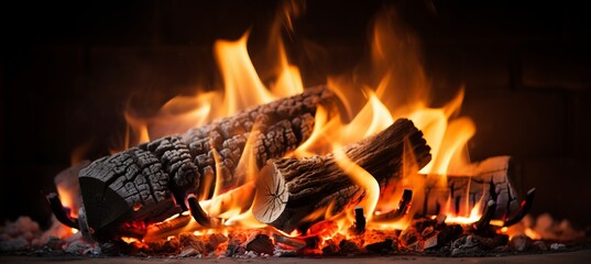 Close up of burning firewood in a cozy rustic fireplace, creating a warm and inviting atmosphere