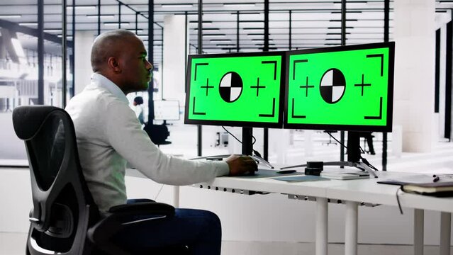 Blank Desktop Computer Screen In Office. Man Looking
