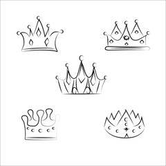 Hand drawn doodle crowns. King crown sketches, majestic tiara, king and queen royal diadems. Line art prince and princess luxurious head accessories