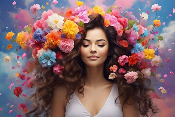 Portrait of beautiful young woman with wavy hair and colorful flowers in her hair