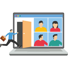 Meeting with team in social, remote school class, video call conference, social distancing during quarantine, teleconference webinar, Vector illustration design concept in flat style

