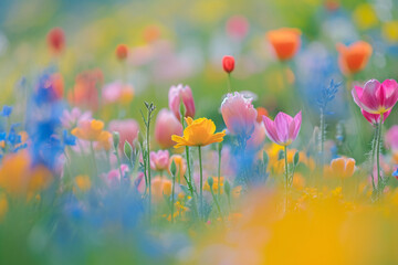 Flower field bokeh background, spring flowers
