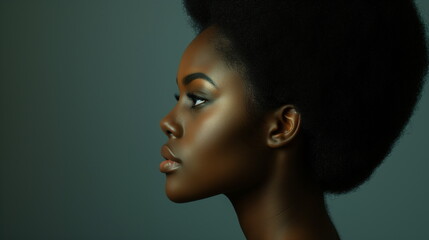 Profile portrait of beautiful curly african american woman over gray background