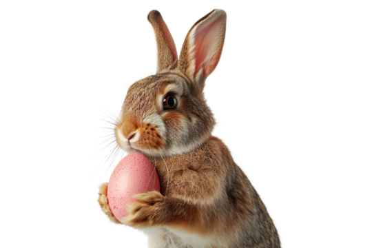 Cute Easter bunny holding pink easter egg isolated on white or transparent background