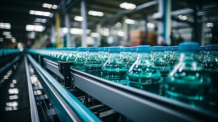Water bottles on conveyor belt in modern beverage factory, industrial equipment and production line - obrazy, fototapety, plakaty