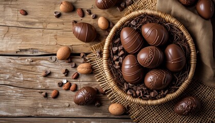 A chocolate easter eggs on a wooden table for a festive and sweet holiday celebration, palm sunday greetings image