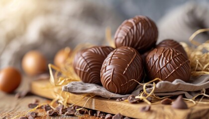 Chocolate easter eggs on a wooden table, palm sunday greetings concept
