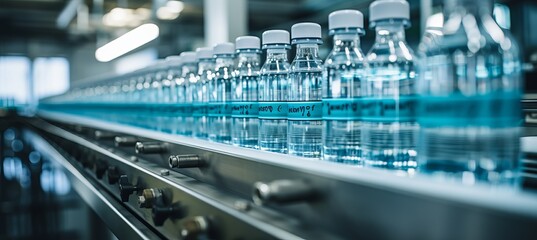 Modern beverage factory interior with water pet bottles on conveyor belt - obrazy, fototapety, plakaty