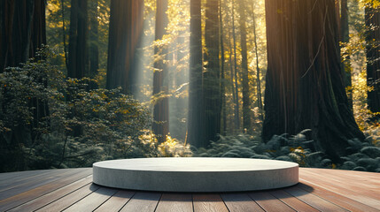 A modern podium for product design against the backdrop of a sequoia forest