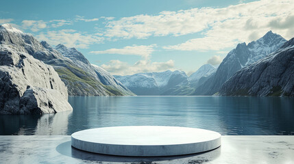 A modern podium for product design against the backdrop of beautiful fjords - obrazy, fototapety, plakaty