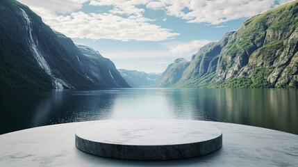 A modern podium for product design against the backdrop of beautiful fjords