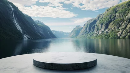 Fotobehang A modern podium for product design against the backdrop of beautiful fjords © frimufilms