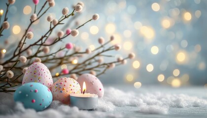 Pussy willow branches and easter egg candles create a festive ambiance over bokeh lights, palm sunday sunset image