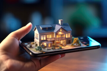 A smartphone application for online search, purchase, sale and booking of real estate. An unusual 3D illustration of a beautiful house on a smartphone in your hand.  - obrazy, fototapety, plakaty