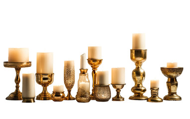 Brass Candle Holders in Assorted Sizes on White or PNG Transparent Background.