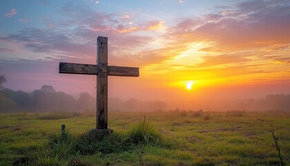 Cross on meadow at sunrise in autumn, palm sunday sunset image