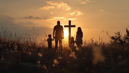 Family silhouette standing together by a christian cross, palm sunday sunset image - obrazy, fototapety, plakaty