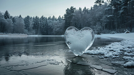 An ice heart on the shore of a lake in winter