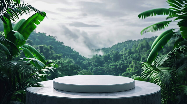 A modern podium for product design against the backdrop of a tropical forest