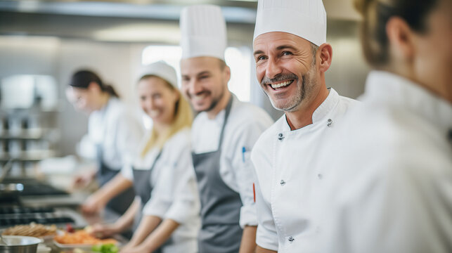 close-up of Head chef accompanied by his kitchen team, posing happily, while preparing the menu.  image artificial intelligence