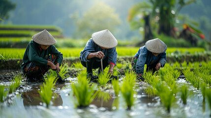 A visually rich image of farmers in traditional attire working in harmony in a rice field, using age-old techniques in conjunction with modern tools to cultivate and plant rice see - obrazy, fototapety, plakaty
