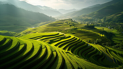 Obraz premium An aerial view of a rice terraced landscape, with geometrically arranged fields cascading down hillsides, creating a visually stunning mosaic of agriculture and sustainable cultiva