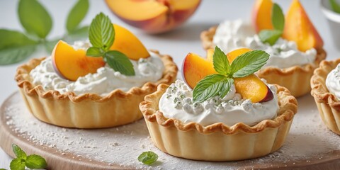 Delicious peach tart with whipped cream on wooden table, closeup