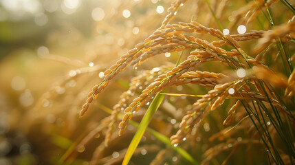 An up-close image capturing the intricate details of a mature rice plant swaying in the breeze, highlighting the elegance and simplicity of this essential crop in the final stages