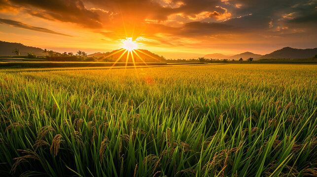 A captivating photograph of a vibrant rice field during sunset, with the sun casting a warm glow over the ripening grains, creating a visually enchanting scene that reflects the cy