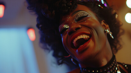 Candid and beautiful black african american queer drag queen woman with an afro wearing glitter makeup face paint laughing and smiling in a gay city nightclub
