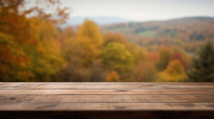 Naklejka na ściany i meble Empty blank wooden table fall background with autumn trees orange yellow color leaves backdrop forest or park nature scene abstract blurred bokeh tabletop for product display desk mockup. Copy space.
