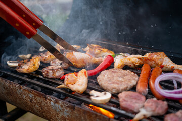 Delicious assorted meat with vegetables on charcoal grill. Rest, barbecue.