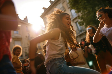 AI Generated Image. Young woman with long hair breakdancing with friends on a city street - 713084705