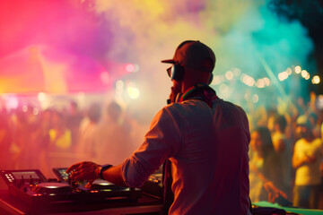 AI Generated Image. Male DJ in street style outfit playing music at the night music festival